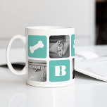 Moderne Pet Monogram Fotolage Kaffeetasse<br><div class="desc">Passen Sie dieses niedliche moderne Design der Tasse mit Ihren Lieblings-Fotos Ihrer Pooch an! Dieses Design ist ein tolles Geschenk für jeden Elternteil, mit abwechselnden Quadraten von Fotos und lebhaften Aqua-Blöcken mit Hundeknochen, Pfotendruck, Herz, Ihrem Hund oder Familienmonogramm und dem Namen Ihres Junges in weißer Schrift. Fügen Sie fünf Ihrer...</div>