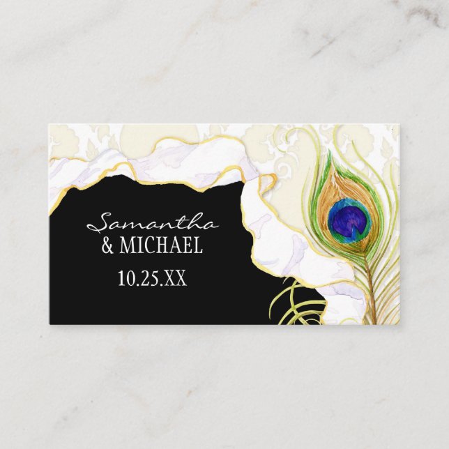 Moderne Pfauenfeathers Imitate Ribbon Damask Swirl Platzkarte (Vorderseite)