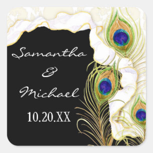 Moderne Pfauenfeathers Imitate Ribbon Damask Swirl Quadratischer Aufkleber