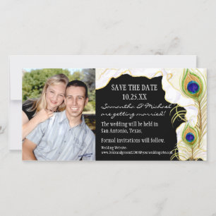 Moderne Pfauenfeathers Imitate Ribbon Damask Swirl Save The Date