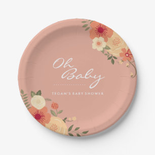 Moderne Pfirsich-Blumenmuster Oh Baby Shower Papie Pappteller