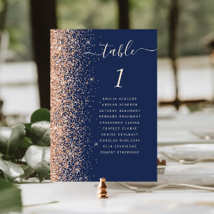 Moderne Pfirsich-Glitter-Hochzeit in Navyblau Tischnummer