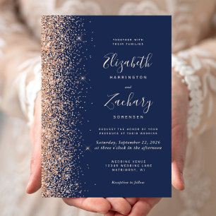 Moderne Pfirsich-Glitter-Kante Navy Blau Hochzeit Einladung