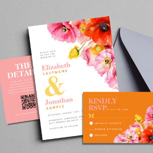 Moderne Pfirsich-Rosa-Orange-Gelbe Mohn-Hochzeit Einladung