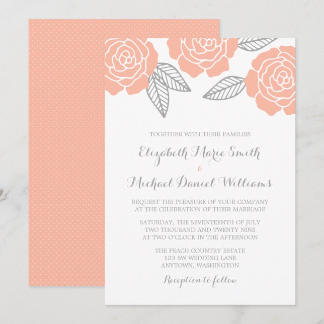 Moderne Pfirsich- und Gray-Rose-Hochzeit Einladung (Vorne/Hinten)