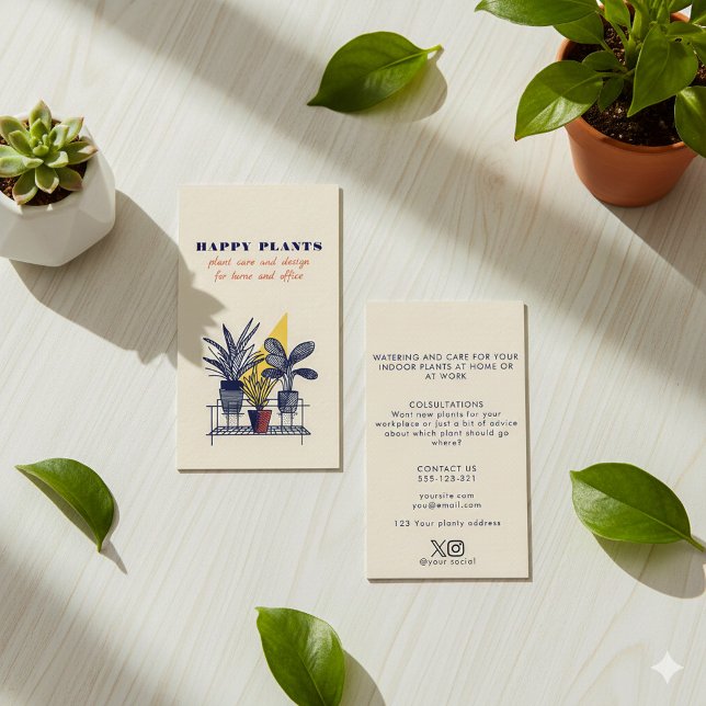 Moderne Pflanze im Innenhof Visitenkarte (Modern geometric house plant care guide business card.)