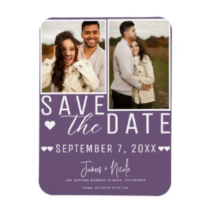 Moderne Pflaume Lila "Save the Date" 2 Fotos Hochz Magnet