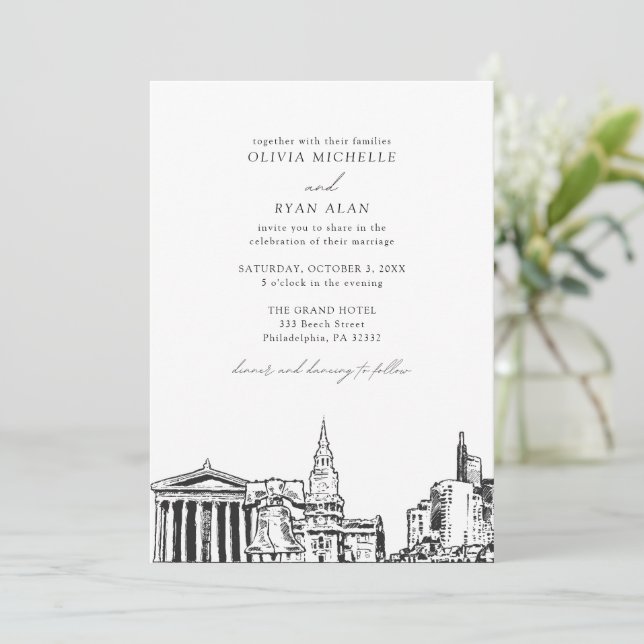 Moderne Philadelphia Skyline Black & White Wedding Einladung (Stehend Vorderseite)