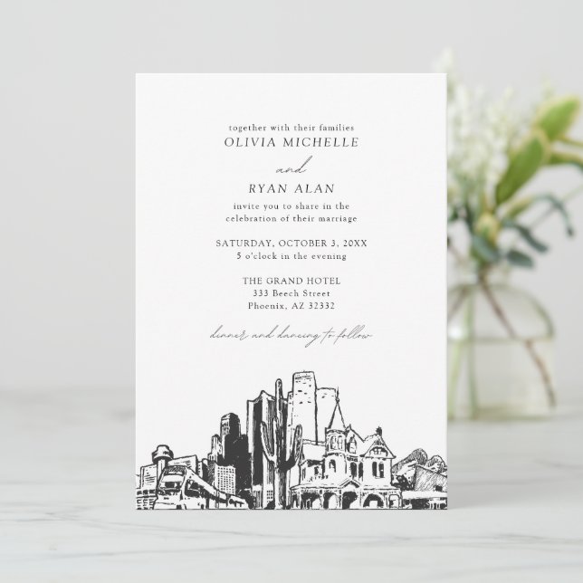 Moderne Phoenix Skyline Black & White Wedding Einladung (Stehend Vorderseite)