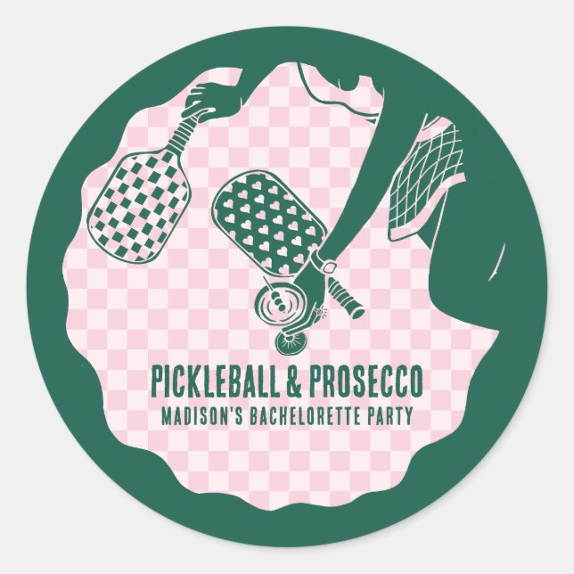 Moderne Pickleball- und Prosecco-Junggesellinnen-A Runder Aufkleber (Vorderseite)