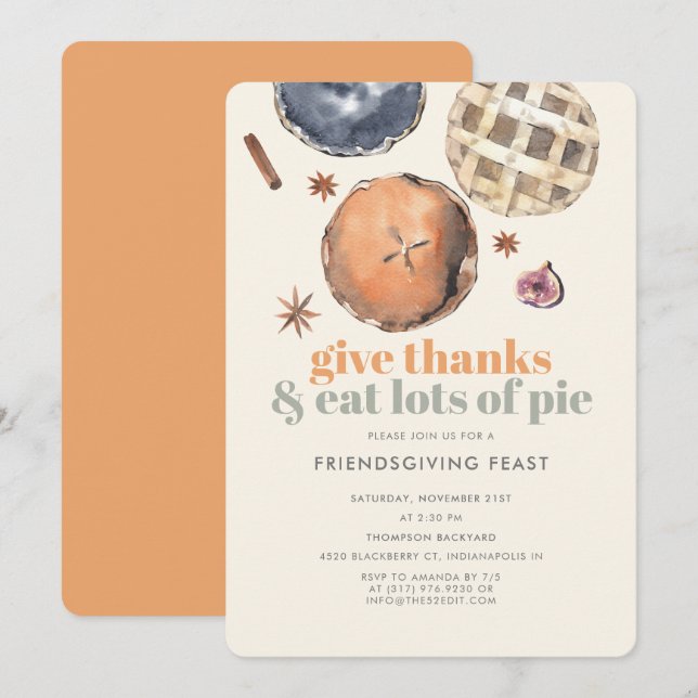 Moderne Pie Friendsgiving Dinner Feste Party Einladung (Vorne/Hinten)
