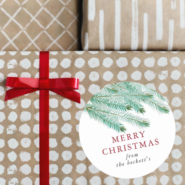 Moderne Pine Boughs Festliche Weihnachten Runder Aufkleber (Von Creator hochgeladen)