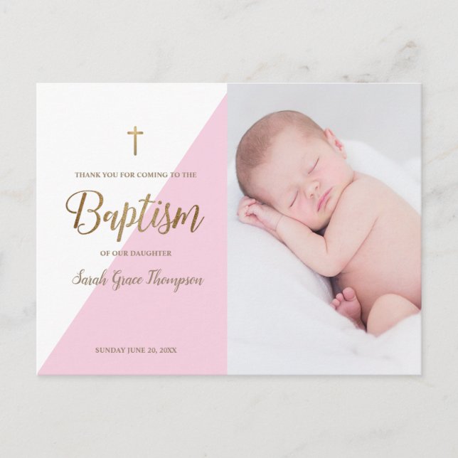 Moderne Pink Baby Girl Foto Taufe Vielen Dank Postkarte (Vorderseite)