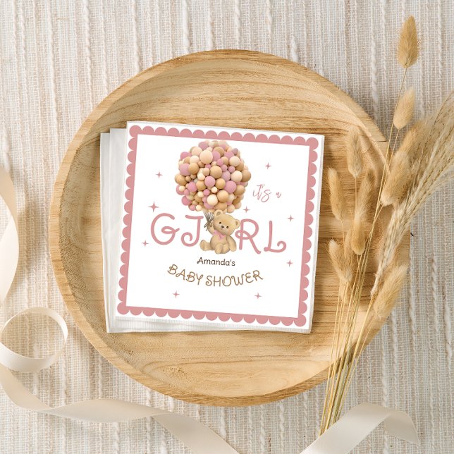 Moderne Pink Bear Balloons Kindermädchen Dusche Serviette (Von Creator hochgeladen)