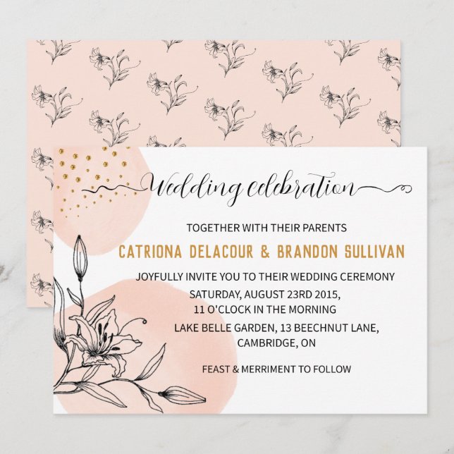 Moderne Pink & Black Blume Gold Dots Hochzeit Einladung (Vorne/Hinten)