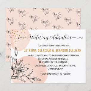 Moderne Pink & Black Blume Gold Dots Hochzeit Einladung