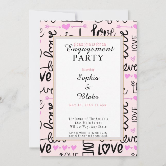 Moderne Pink & Black Liebe Engagement Party Einladung (Vorderseite)