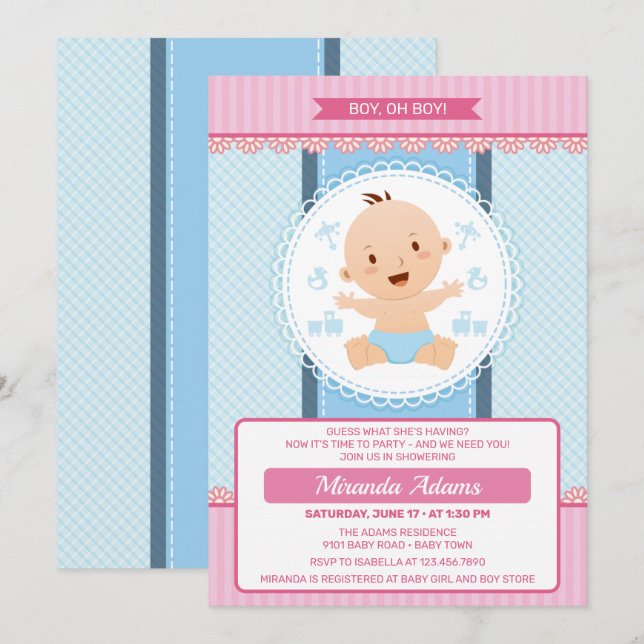 Moderne Pink Blue Boy Baby Dusche Einladung (Vorne/Hinten)