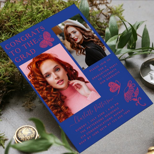 Moderne Pink Blue Butterfly Foto Graduation Party Einladung (Von Creator hochgeladen)