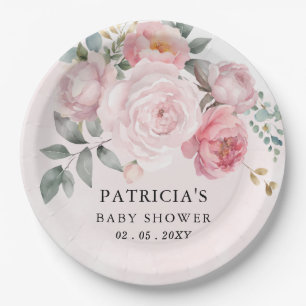 Moderne Pink Blush Floral Girl Babydusche Pappteller