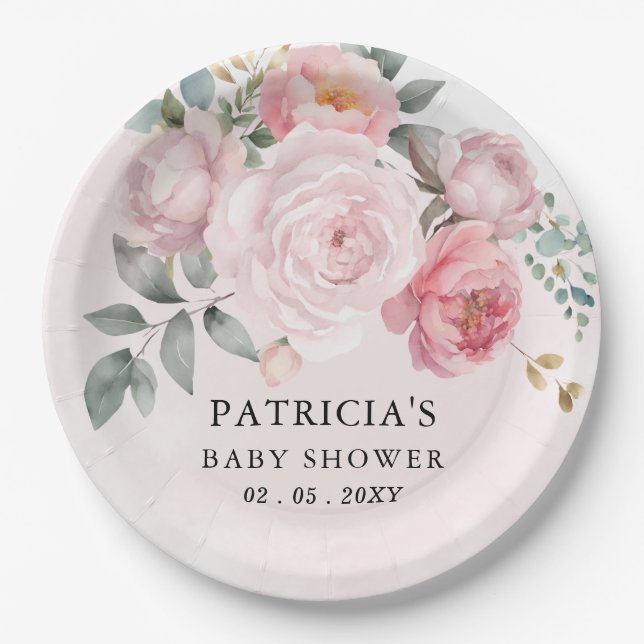 Moderne Pink Blush Floral Girl Babydusche Pappteller (Vorderseite)