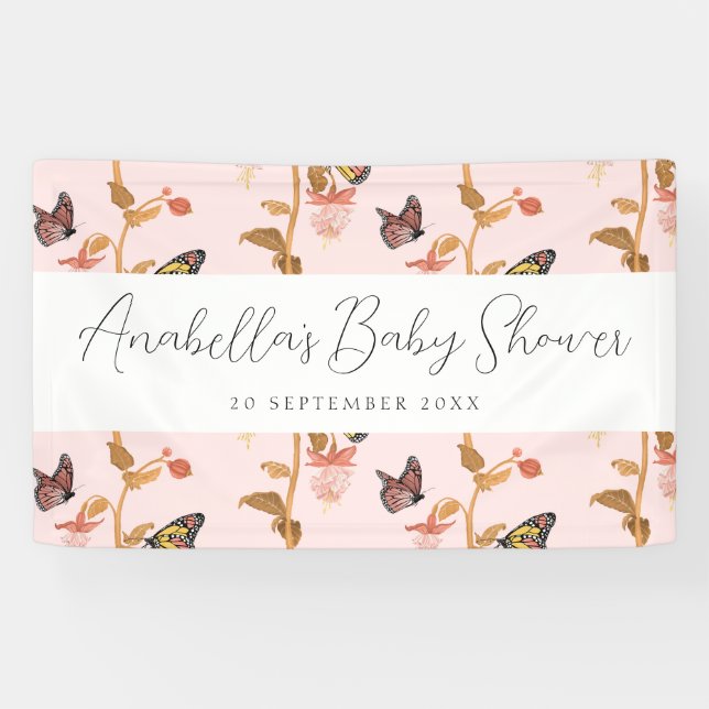 Moderne Pink Boho Butterfly Girl Babydusche Banner (Horizontal)