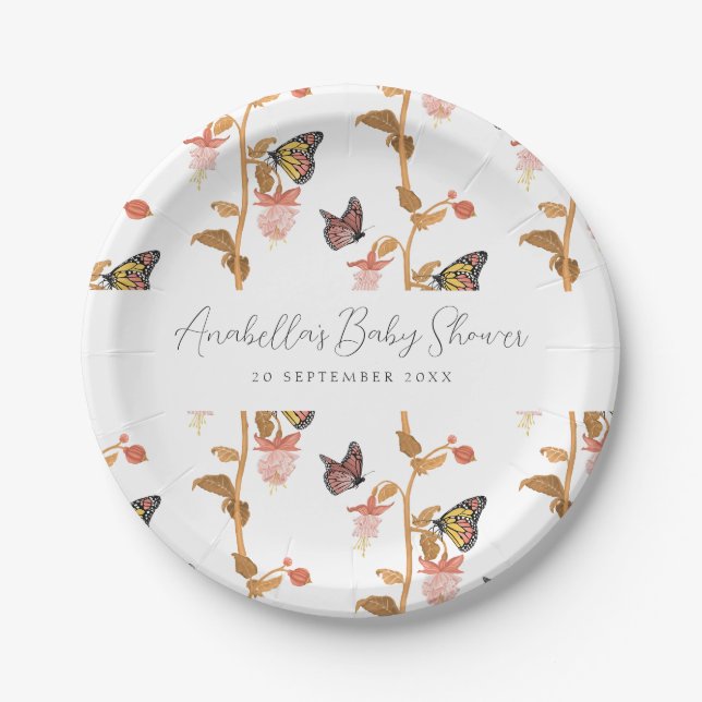 Moderne Pink Boho Butterfly Girl Babydusche Pappteller (Vorderseite)