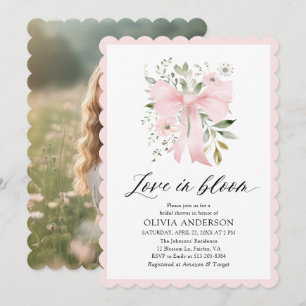 Moderne Pink Bow Blütenblume Liebe im Bloom Brautp Einladung
