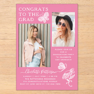 Moderne Pink Butterfly Foto Graduation Party Acryleinladungen