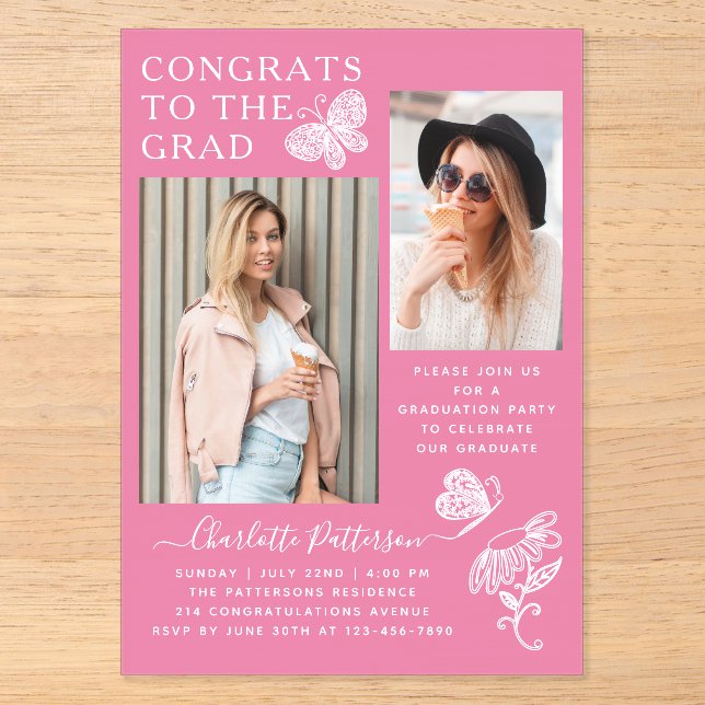 Moderne Pink Butterfly Foto Graduation Party Acryleinladungen (Vorderseite)