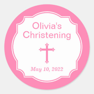 Moderne Pink Cross Christening Taufe Runder Aufkleber