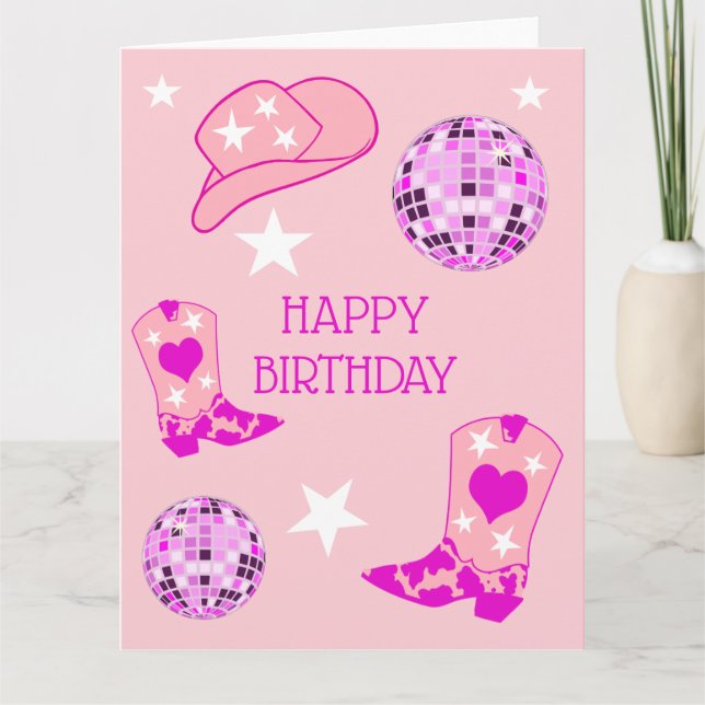 Moderne Pink Disco Ball Cowgirl Hat Boost Birthday Karte (Vorderseite)