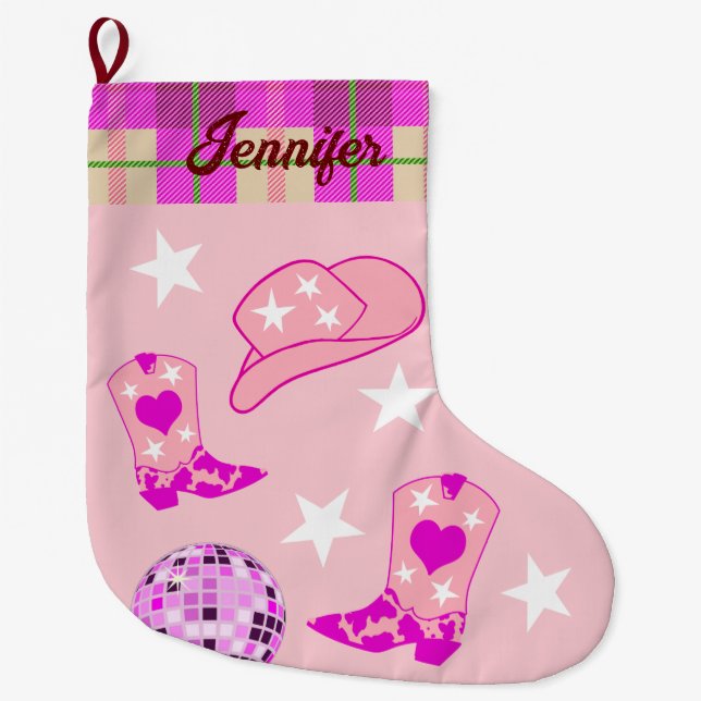 Moderne Pink Disco Ball Cowgirl Hat Boots Großer Weihnachtsstrumpf (Vorderseite)