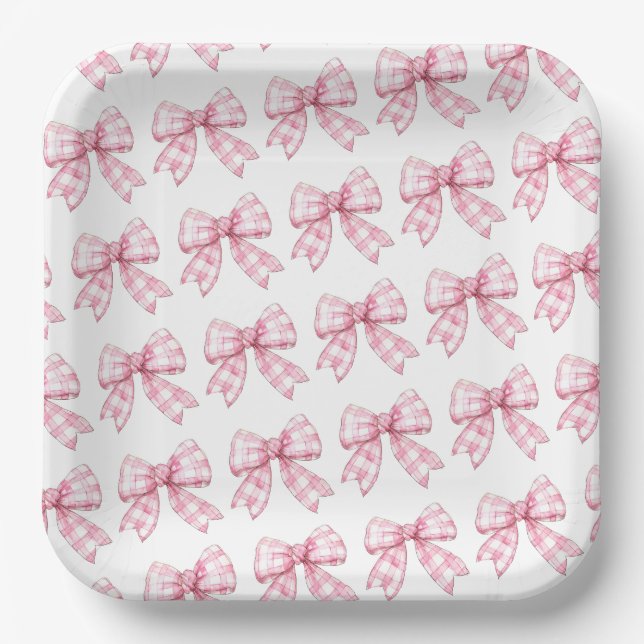 Moderne Pink Gingham Bow Pattern Baby Dusche Pappteller (Vorderseite)