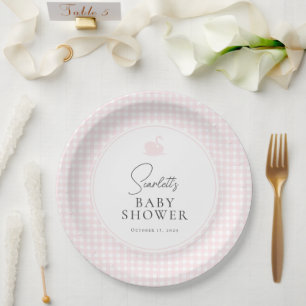 Moderne Pink Gingham Swan Baby Dusche Pappteller