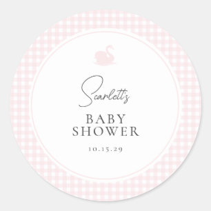 Moderne Pink Gingham Swan Baby Dusche Runder Aufkleber