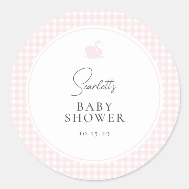 Moderne Pink Gingham Swan Baby Dusche Runder Aufkleber (Vorderseite)