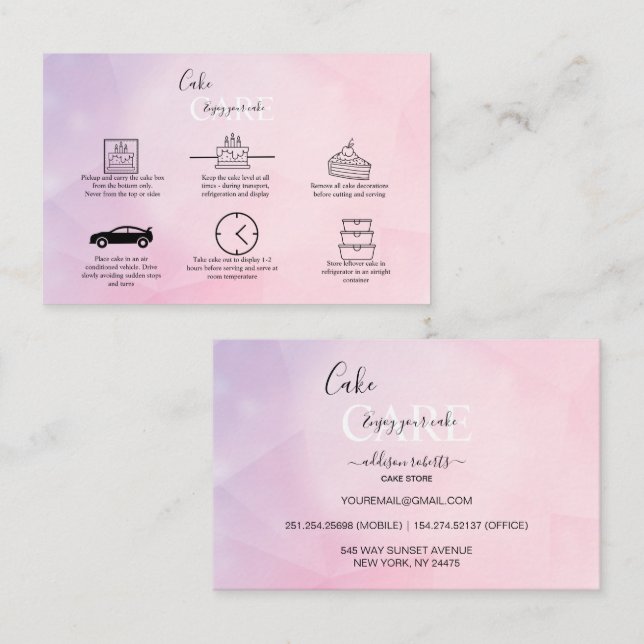 Moderne Pink Girly Gradient Cake Care Pflege Visitenkarte (Vorne/Hinten)