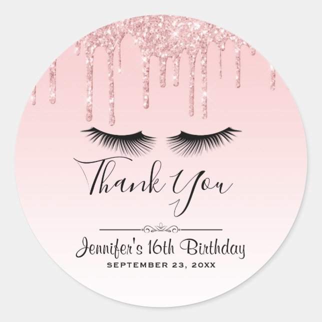 Moderne Pink Glitzer Tropfen & Eyelashes Vielen Da Runder Aufkleber (Vorderseite)