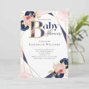 Moderne Pink Gold Navy Blue Flower Girl Baby Dusch Einladung
