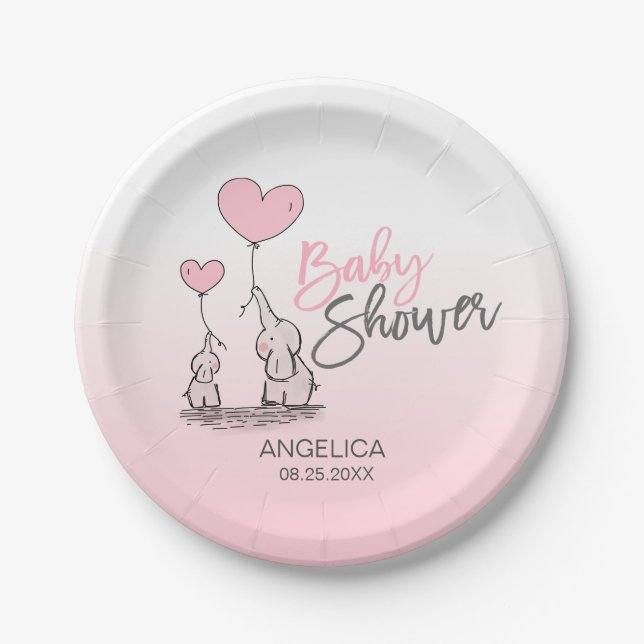 Moderne Pink Gray Blue Elephant GIRL Baby Dusche Pappteller (Vorderseite)