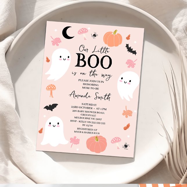 Moderne Pink Halloween Little Boo Baby Dusche Einladung (Pink Halloween Baby Shower Invitation, Girl Little boo baby Shower Invitation, Ghosts Our little Boo)