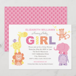 Moderne Pink Jungle Animals Girl Baby Dusche Einladung