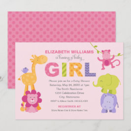 Moderne Pink Jungle Animals Girl Baby Dusche Einladung
