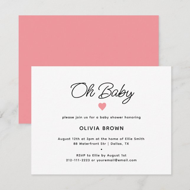 Moderne Pink Oh Baby Dusche Einladung (Vorne/Hinten)