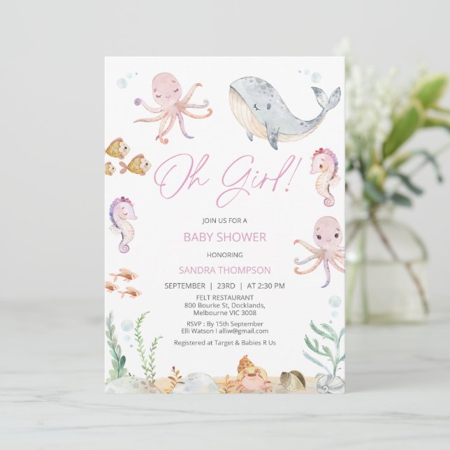 Moderne Pink Oh Mädchen unter Sea Baby Dusche Einladung (Stehend Vorderseite)