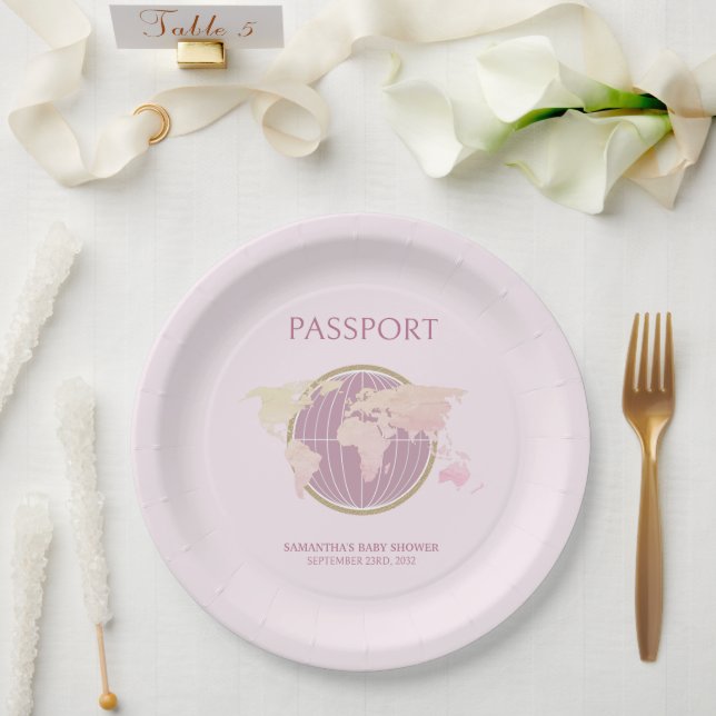 Moderne Pink Passport-ThemenBaby-Dusche Pappteller (Hochzeit)