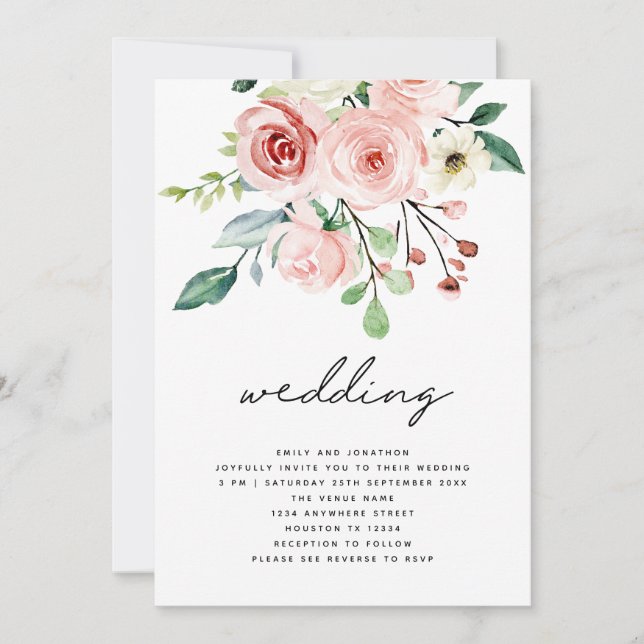 Moderne Pink Peach Florals QR Code Hochzeit Einladung (Vorderseite)