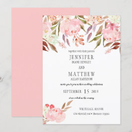 Moderne Pink Peonies Wildblumen Grüne Hochzeit | Einladung