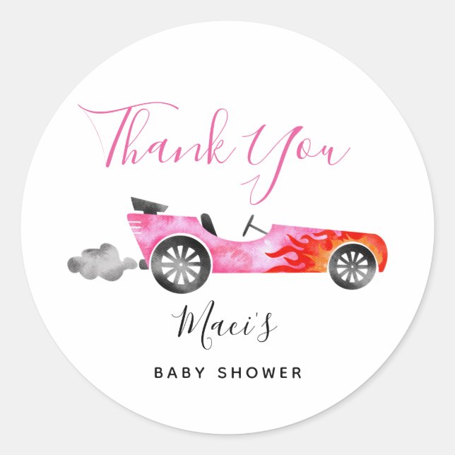 Moderne Pink Race Car Baby Dusche Gefallen Runder Aufkleber (Vorderseite)